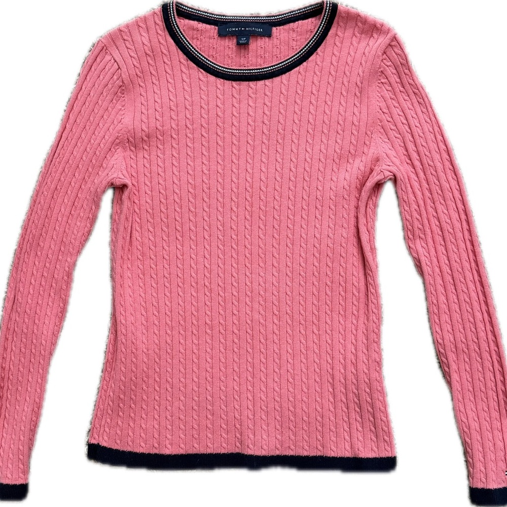 Tommy Hilfiger Womens Cable Knit Salmon Navy Lightweight Sweater Casual Size S
